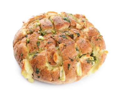 Beyaz arka planda taze sarımsaklı ekmek