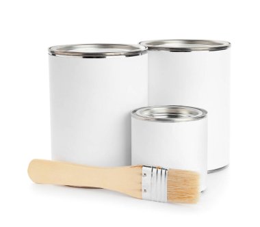 Beyaz arkaplanda boya ve fırça kutuları