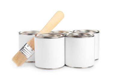 Beyaz arkaplanda boya ve fırça kutuları