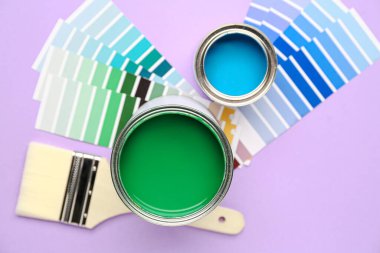 Palet örnekleriyle boya kutuları ve renk arkaplanında fırça