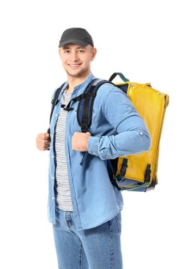 Beyaz arka planda yemek dağıtım servisi kuryesi