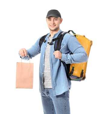 Beyaz arka planda yemek dağıtım servisi kuryesi