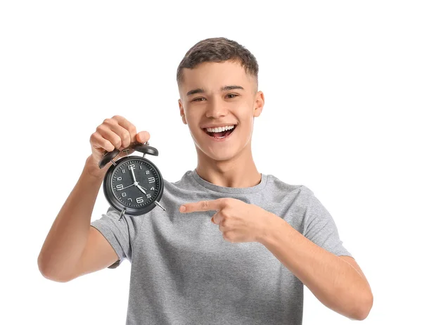 Teenager Pajamas Alarm Clock White Background — Stock Photo, Image