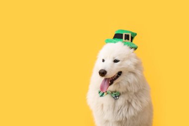 Arka planda yeşil şapkalı ve papyonlu şirin bir köpek. Aziz Patrick Günü kutlaması