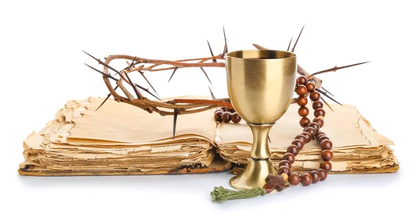 Holy Bible Chalice Wine Beads Crown Thorns White Background — Stock Photo, Image