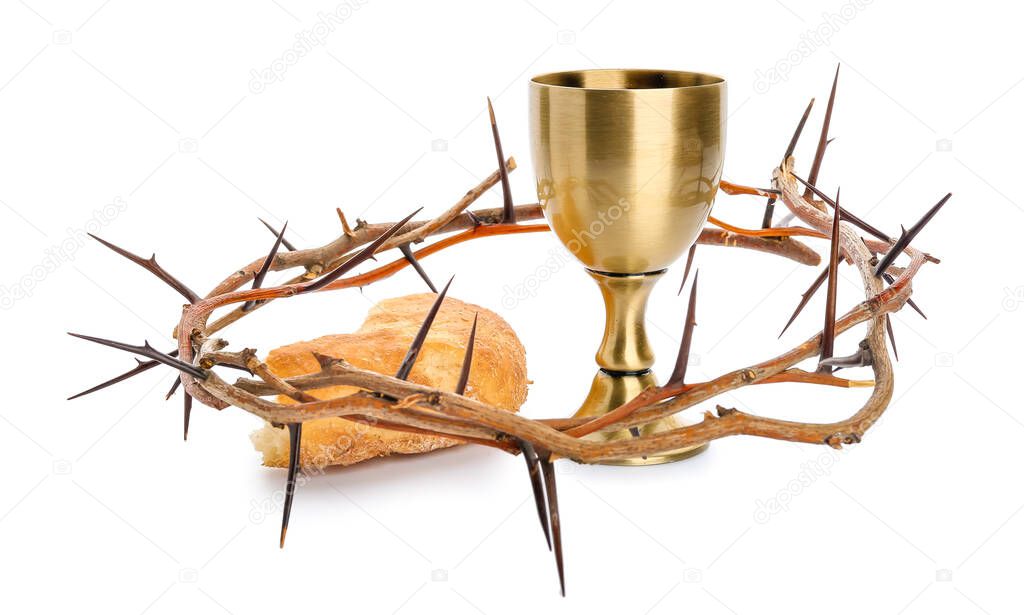Chalice of wine, bread and crown of thorns on white background