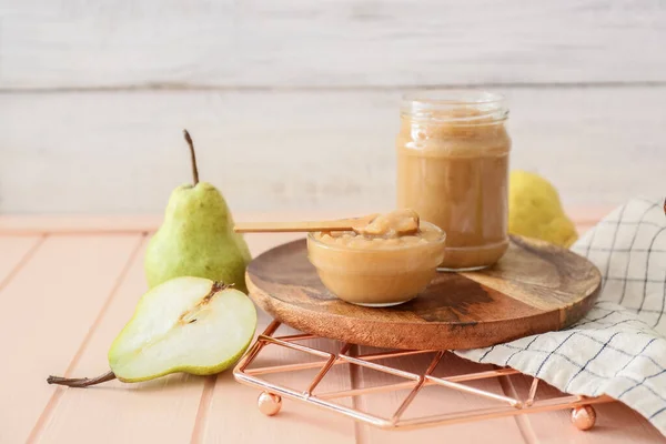 Tasty Pear Jam Wooden Table — Stock Photo, Image