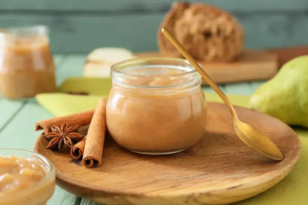 Jar Tasty Pear Jam Wooden Table — Stock Photo, Image