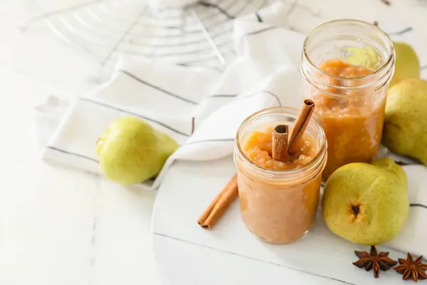 Jars Tasty Pear Jam White Background — Stock Photo, Image