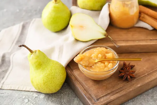 Bowl Tasty Pear Jam Grey Background — Stock Photo, Image