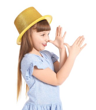 Beyaz arka plandaki komik küçük kız. 1 Nisan şakası