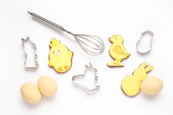 Tasty Easter Cookies Baking Utensils Eggs White Background — Stock Photo, Image