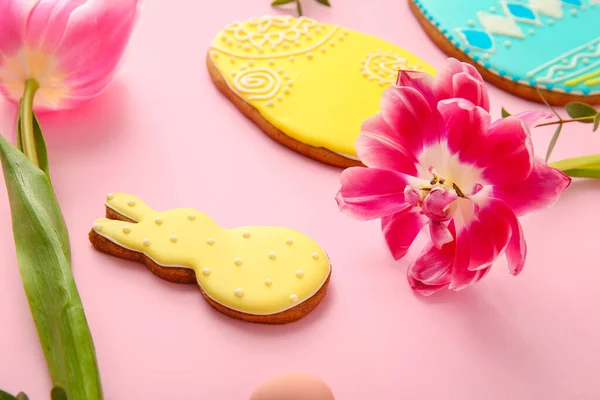 Tasty Easter Cookies Color Background — Stock Photo, Image