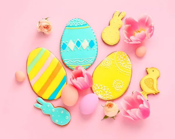 Beautiful Composition Tasty Easter Cookies Color Background — Stock Photo, Image