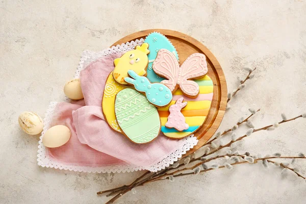 Dessert Stand Tasty Easter Cookies Grey Background — Stock Photo, Image