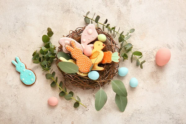 Nest Tasty Easter Cookies Eggs Grey Background — Stock Photo, Image