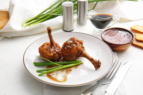 Plate Tasty Chicken Lollipops Light Background — Stock Photo, Image