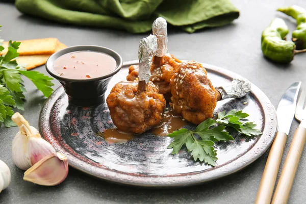 Plate Tasty Chicken Lollipops Dark Background — Stock Photo, Image