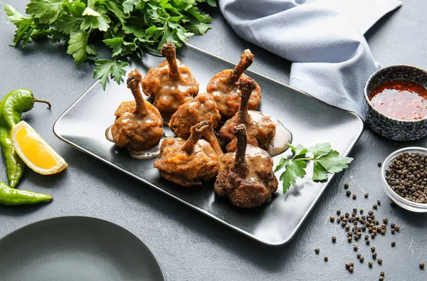 Plate Tasty Chicken Lollipops Dark Background — Stock Photo, Image