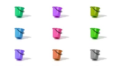 Beyaz arkaplanda bir sürü farklı kova