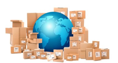 Dünya gezegeni, beyaz arka planda yığınla paket var.