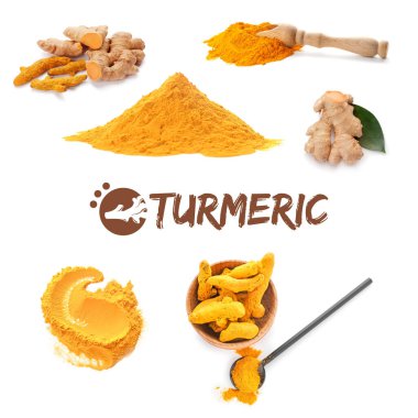 Collage of healthy turmeric powder on white background