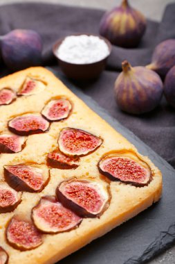 Delicious fig pie on table, closeup