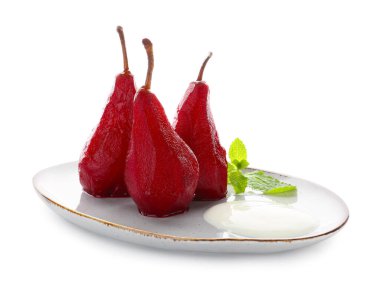 Plate of tasty poached pears in wine sauce on white background