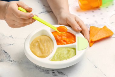 Woman holding plate with different baby food on light background, closeup
