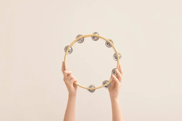 Woman Holding Tambourine Color Background — Stok fotoğraf