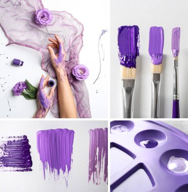 Açık arkaplanda menekşe boyalı fotoğraf kolajı