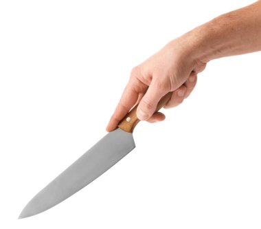 Beyaz arka planda bıçaklı bir erkek.