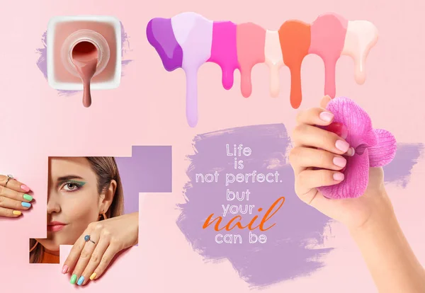 Collage of young woman with beautiful manicure and samples nail polishes on color background