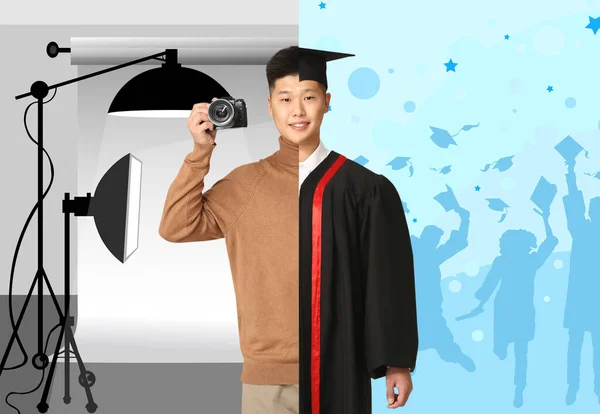 Comparison portrait of young Asian man in bachelor robe and with photo camera