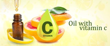 Renk arkaplanında C vitamini olan turunçgil yağı