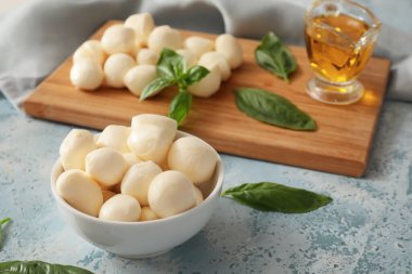 Renkli arkaplanda mozzarella peyniri olan kompozisyon