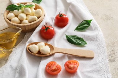 Grunge arka planında mozzarella peyniri olan kompozisyon