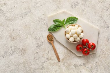 Grunge arka planında mozzarella peyniri olan kompozisyon