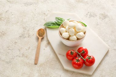 Grunge arka planında mozzarella peyniri olan kompozisyon