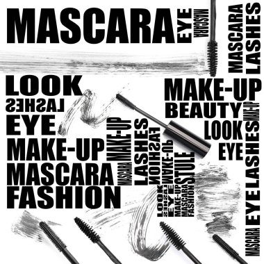 Beyaz arkaplanda siyah rimel ile fırça kolajı