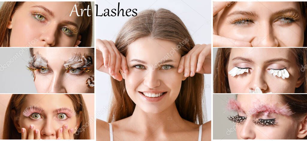 Collage of beautiful young woman with creative eyelashes and eyebrows