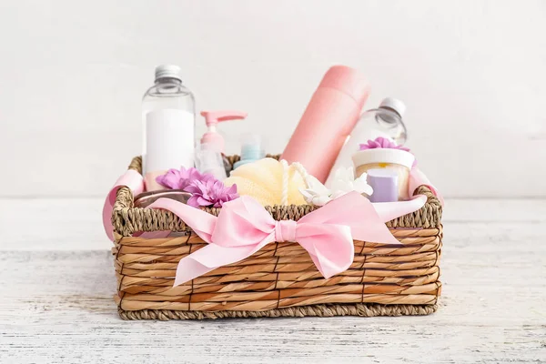 Gift Basket Cosmetics Light Wooden Background — Stock Photo, Image