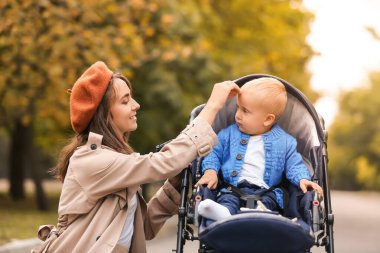 Bebek arabasında bir kadın ve sevimli bebeği.