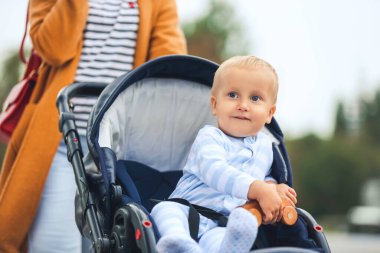 Bebek arabasında bir kadın ve sevimli bebeği.