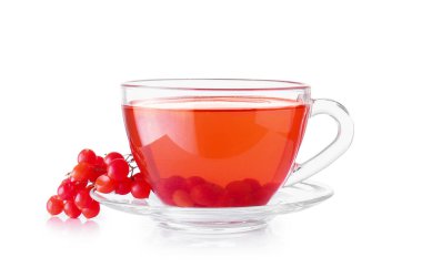 Beyaz arka planda bir fincan sağlıklı viburnum çayı.