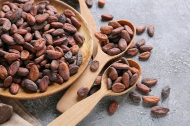 Arkaplanda kakao fasulyesi olan tabak ve kaşıklar.