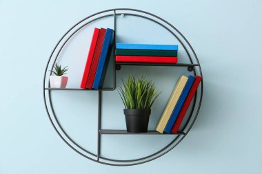 Renkli duvarda kitap ve ev bitkileri asılı raflar