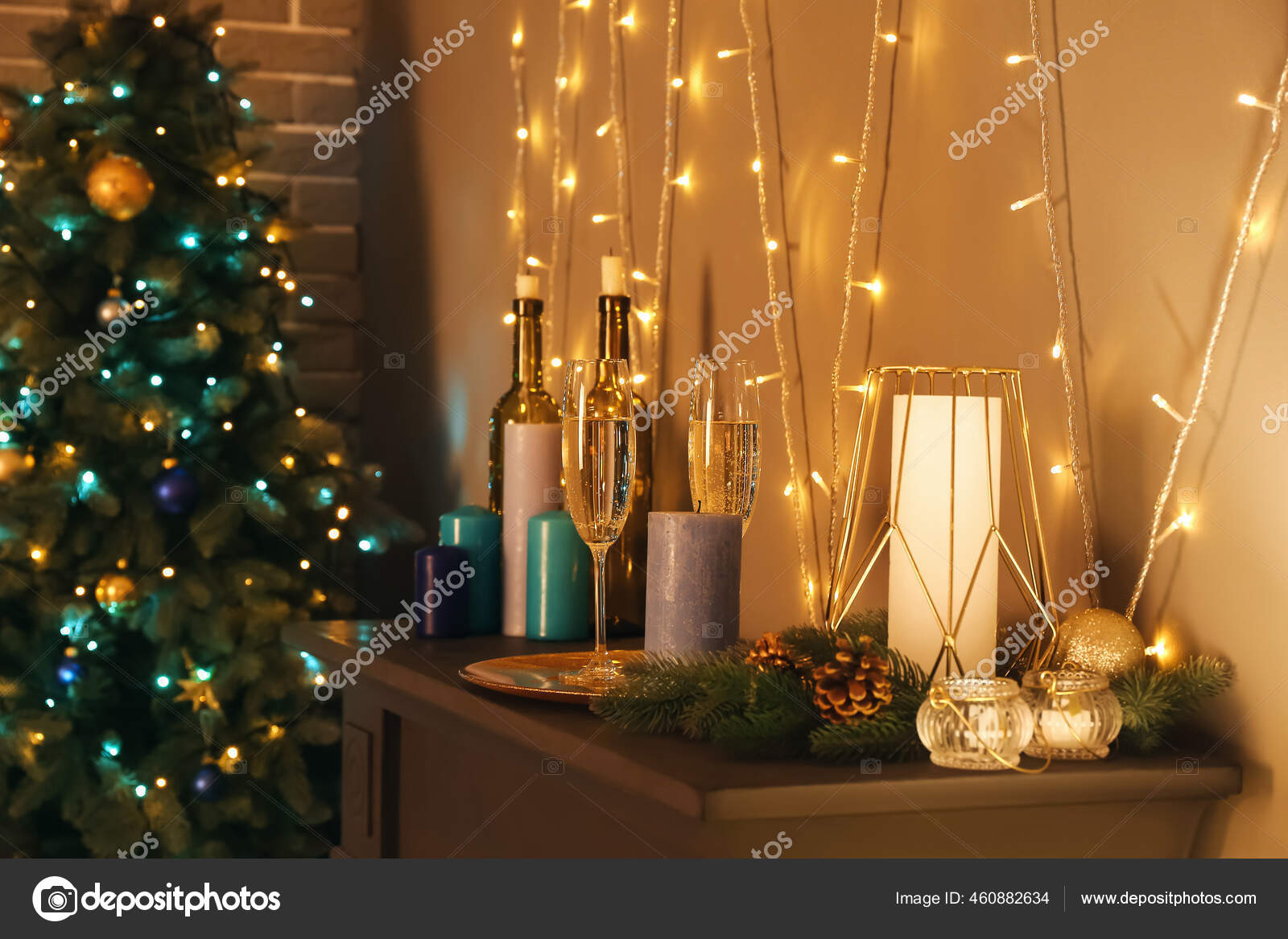 Candles Christmas Decor Mantelpiece Room Stock Photo by ©serezniy 460882634
