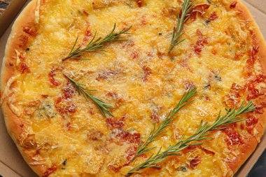 Karton kutuda lezzetli bir pizza, yakın plan.