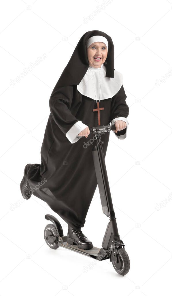 Senior nun with scooter on white background
